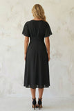 A Line Black Pleated Chiffon Midi Work Dress with Slit