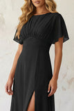A Line Black Pleated Chiffon Midi Work Dress with Slit