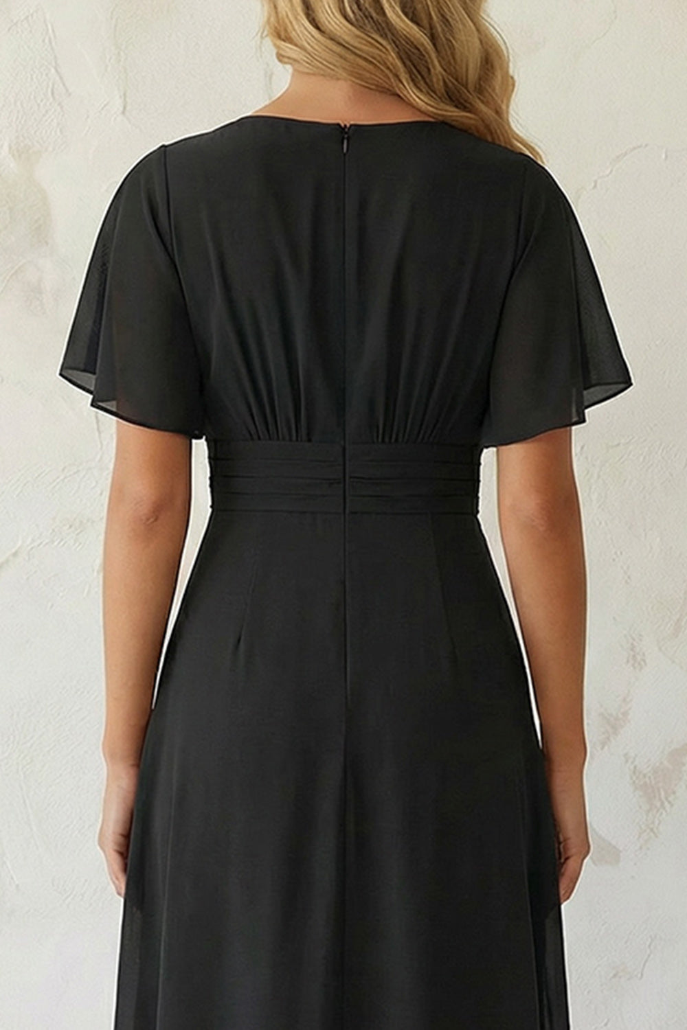 Leely Women Black Chiffon Midi Work Dress with Slit A Line Ruched