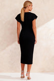 Cap Sleeves Black Bateau Neck Pencil Midi Work Dress with Slit