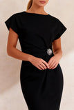 Cap Sleeves Black Bateau Neck Pencil Midi Work Dress with Slit