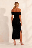 Off the Shoulder Sparkly Black Sheath Ankle Length Work Dress with Slit