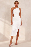 Ruched White Pencil Cut Out One Shoulder Midi Work Dress with Slit