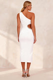 Ruched White Pencil Cut Out One Shoulder Midi Work Dress with Slit