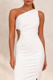 Ruched White Pencil Cut Out One Shoulder Midi Work Dress with Slit