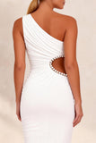 Ruched White Pencil Cut Out One Shoulder Midi Work Dress with Slit