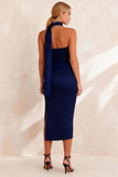 Ruched Navy Neck Scarf Bodycon Midi Work Dress with Slit