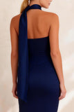 Ruched Navy Neck Scarf Bodycon Midi Work Dress with Slit