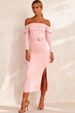 Pencil Off the Shoulder Pink Midi Work Dress with Slit