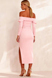 Pencil Off the Shoulder Pink Midi Work Dress with Slit