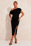 Asymmetrical Neck Black Pencil Ruched Midi Work Dress with Slit