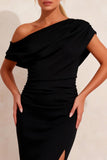 Asymmetrical Neck Black Pencil Ruched Midi Work Dress with Slit