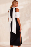 Black and White Cold Shoulder High Neck Sheath Midi Work Dress with Slit