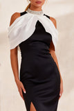 Black and White Cold Shoulder High Neck Sheath Midi Work Dress with Slit