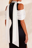 Black and White Cold Shoulder High Neck Sheath Midi Work Dress with Slit