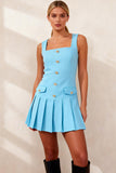 A Line Sky Blue Pleated Square Neck Short Work Dress with Buttons