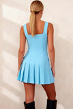 A Line Sky Blue Pleated Square Neck Short Work Dress with Buttons