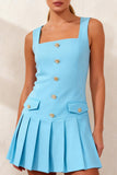 A Line Sky Blue Pleated Square Neck Short Work Dress with Buttons