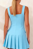 A Line Sky Blue Pleated Square Neck Short Work Dress with Buttons