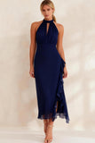 Chiffon Navy Halter Ankle Length Ruffled Work Dress with Slit