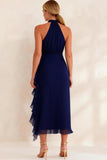 Chiffon Navy Halter Ankle Length Ruffled Work Dress with Slit