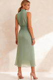 Sage Green Sheath Chiffon Ruched High Neck Midi Work Dress