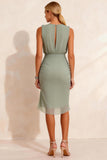 Chiffon Dusty Sage Ruched Round Neck Midi Work Dress with Slit
