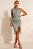 Chiffon Dusty Sage Ruched Round Neck Midi Work Dress with Slit