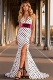 Black and White Polka Dots V-Neck Long Mermaid Prom Dress with Slit