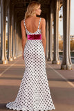 Black and White Polka Dots V-Neck Long Mermaid Prom Dress with Slit