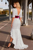 Black and White Mermaid Polka Dots V-Neck Ruffled Long Prom Dress with Sleeves