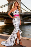 One Shoulder Black and White Polka Dots Mermaid High-Low Ruffled Prom Dress