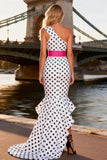 One Shoulder Black and White Polka Dots Mermaid High-Low Ruffled Prom Dress