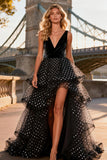 Polka Dots V Neck Black and White Ruffled Long Prom Dress with Slit