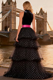 Tulle Polka Dots Black and White High Neck Long Ruffled Prom Dress with Slit