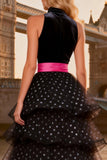 Tulle Polka Dots Black and White High Neck Long Ruffled Prom Dress with Slit