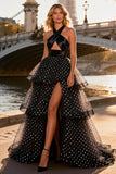 Black and White A Line Polka Dots Ruffled Long Prom Dress with Keyhole