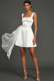 White A Line Satin Square Neck Short Engagement Dress with Sash