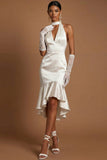 Mermaid White Satin Halter Neck Midi White Reception Dress