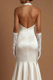 Mermaid White Satin Halter Neck Midi White Reception Dress