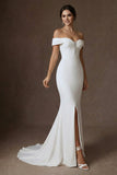 White Mermaid Ruched Off the Shoulder Sweep Train Wedding Dress with Slit
