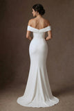 White Mermaid Ruched Off the Shoulder Sweep Train Wedding Dress with Slit