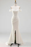 White Mermaid Beaded Sweep Train Wedding Dress with Slit