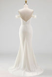 White Mermaid Beaded Sweep Train Wedding Dress with Slit