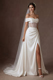 Ivory A Line Corset Ruched Off the Shoulder Long Wedding Dress with Slit