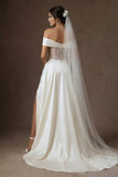 Ivory A Line Corset Ruched Off the Shoulder Long Wedding Dress with Slit