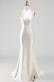 Ivory Mermaid Beaded Satin Maxi Wedding Dress with Slit