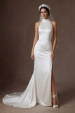 Ivory Mermaid Beaded Satin Maxi Wedding Dress with Slit