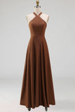 Chocolate A Line Halter Neck Satin Maxi Formal Dress