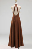 Chocolate A Line Halter Neck Satin Maxi Formal Dress